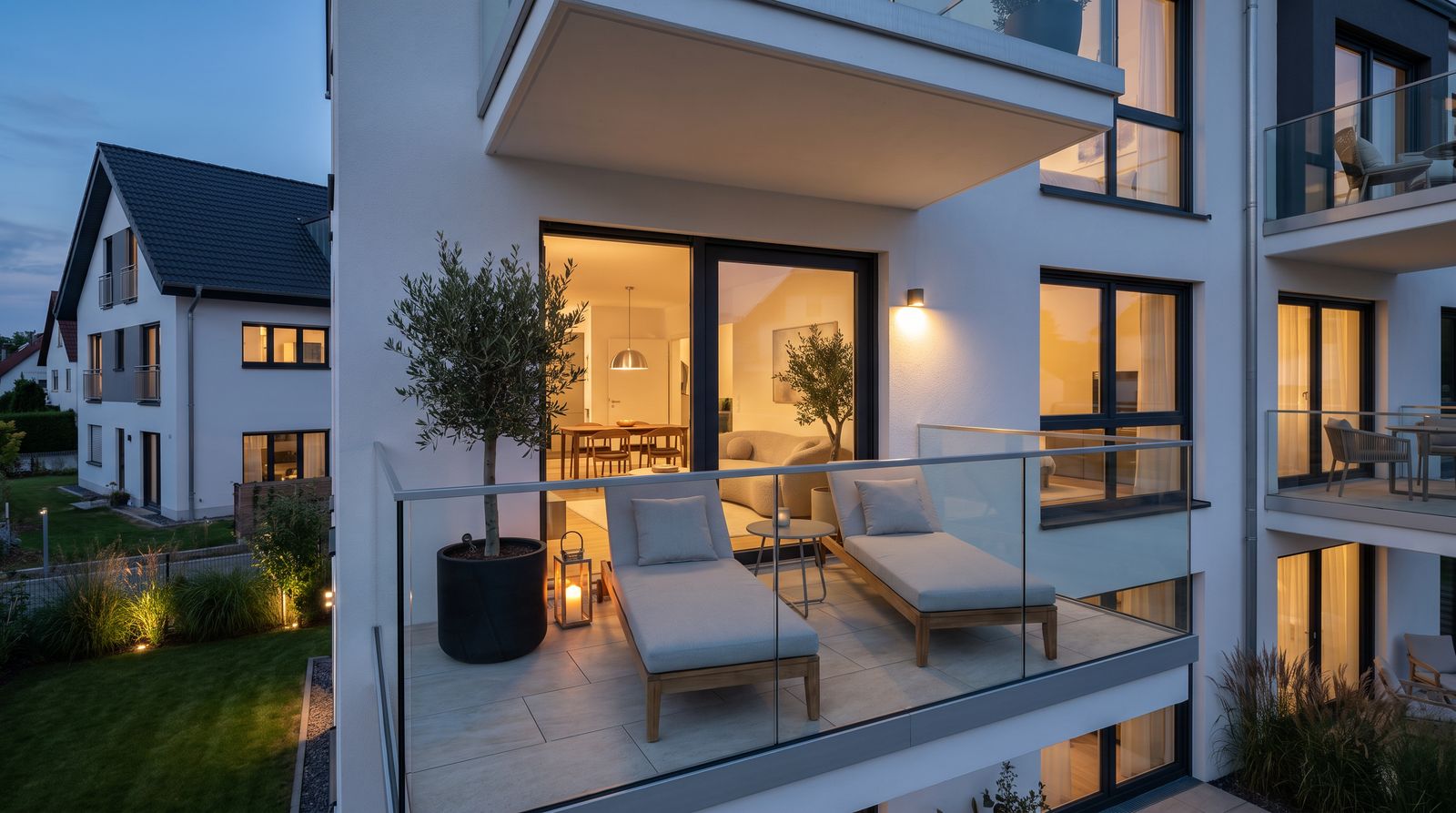 Visualisierung eines Balkons mit Blick in die Wohnung